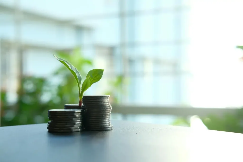 Tres montañas de monedas sobre una mesa y una planta pequeña en medio.